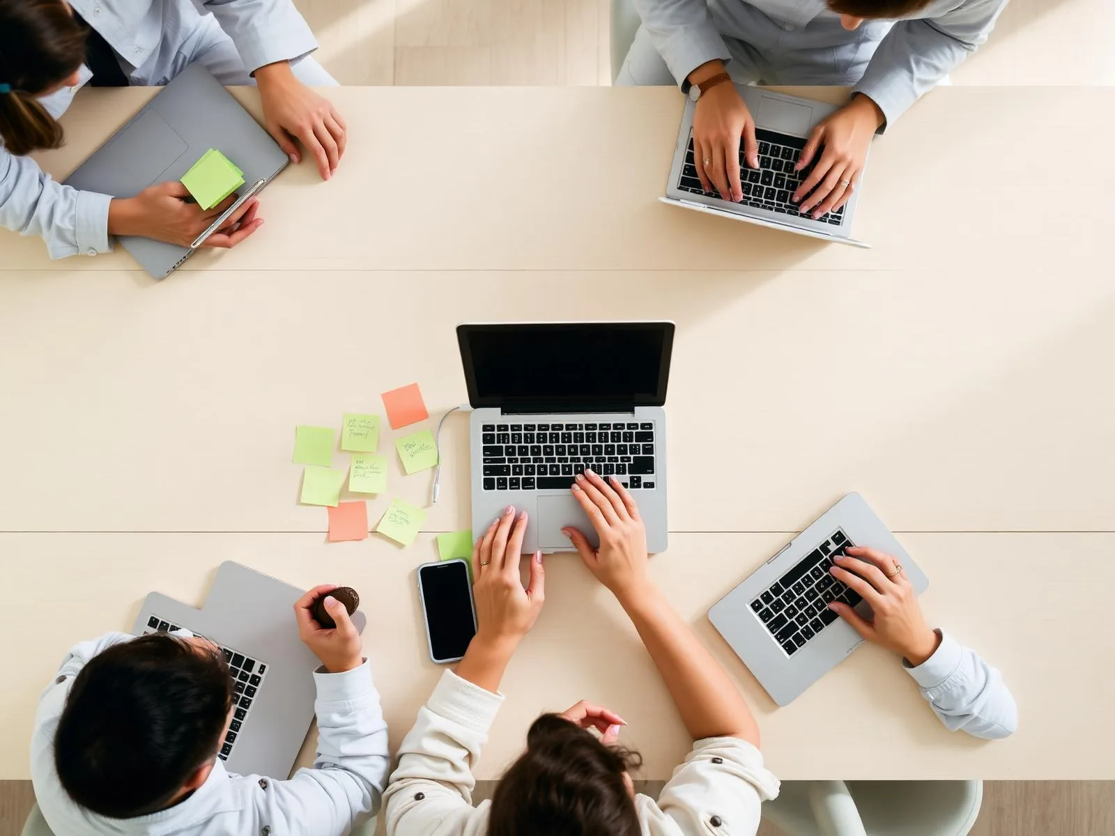 Overhead view of a team workshop with laptops and sticky notes